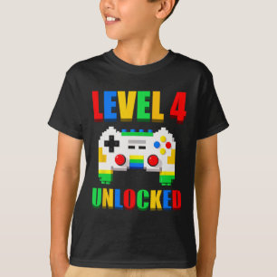 T-shirt Niveau 4 Débloqué Joueur 4 Ans Anniversaire De Jeu