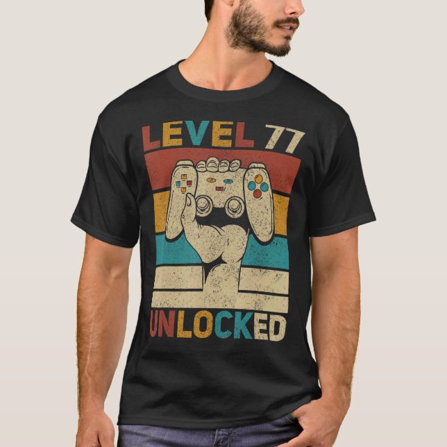 T-shirt Niveau 77 Déverrouillé 77e anniversaire Joueur âgé (Devant)