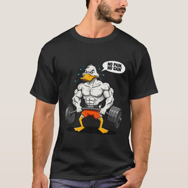 T-shirt No Pain No Gain Funny Duck Weightlifter Joke Gym M (Devant)