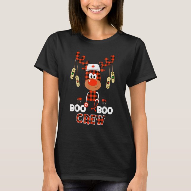 T-shirt Noël Boo Boo Crew Reindeer Nurse Buffalo Plai (Devant)