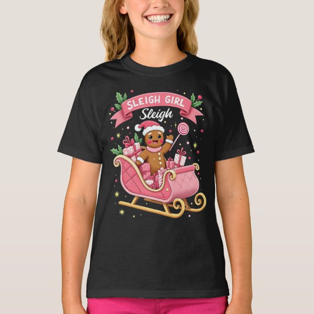 T-shirt Noël Candy Sleigh Girl Gingerbread Fête (Devant)