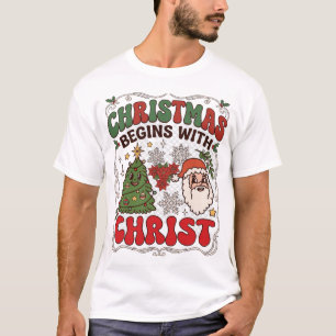 T-shirt Noël Commence Christ Père Noël Arbre Flocon de Nei