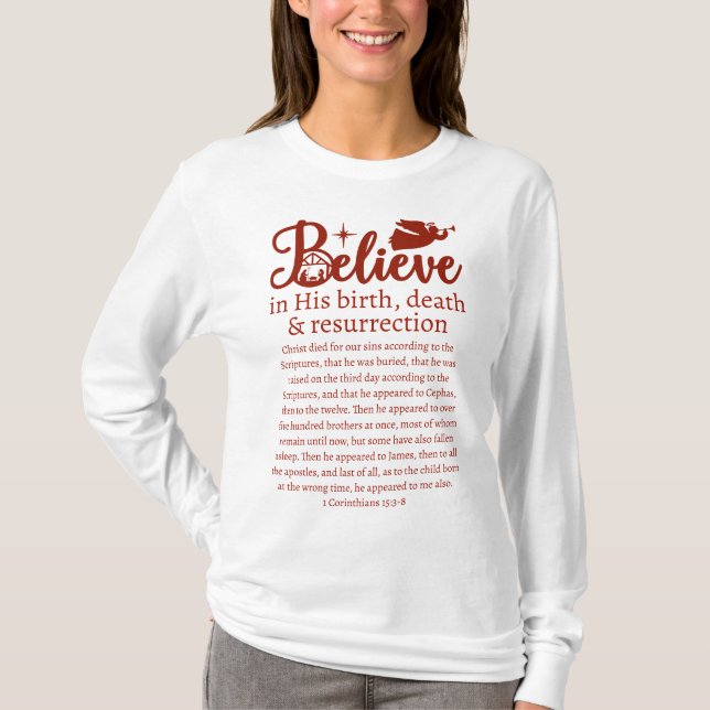 T-shirt Noël Croyez Jésus Nativité Blanc Rouge Script (Devant)