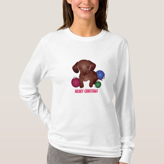 T-shirt Noël de chiot de teckel Joyeux ! (Devant)