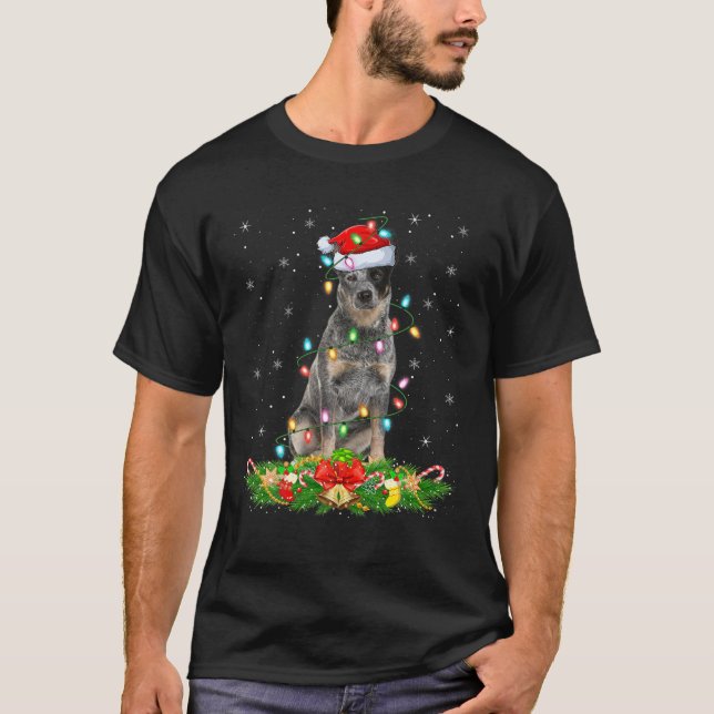 T-shirt Noël de l'éclairage de Noël Père Noël Blue Heeler  (Devant)