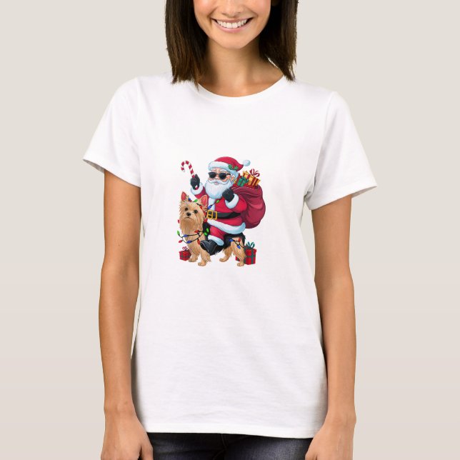 T-shirt Noël Éclairage Père Noël équitation Yorkie Chien N (Devant)