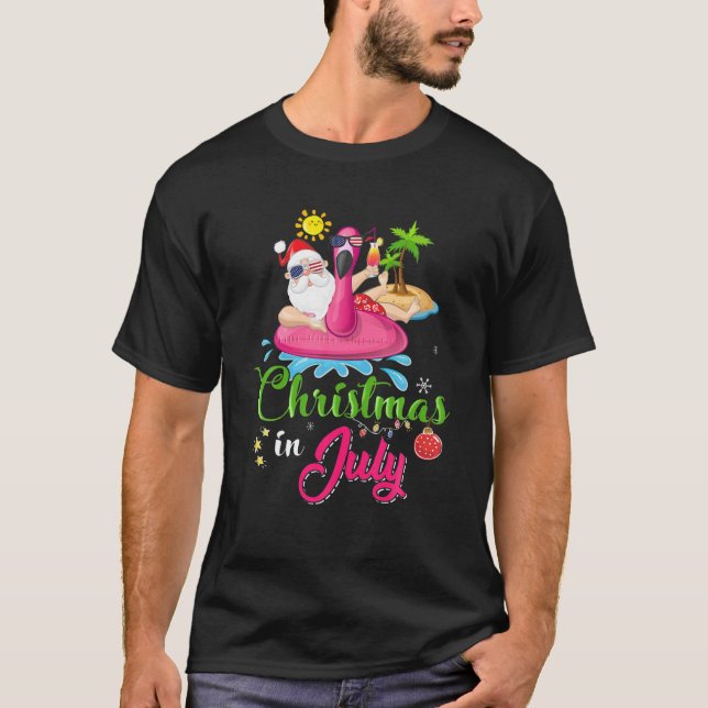 T-shirt Noël En Juillet Funny Père Noël Flamant rose Plage (Devant)