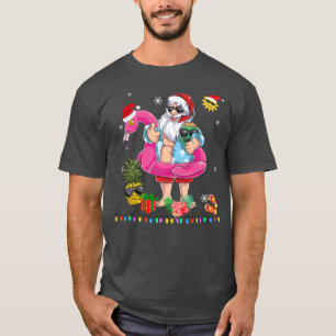T-shirt Noël en juillet Père Noël hawaii Flamant rose lune