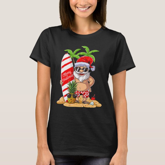 T-shirt Noël En Juillet Père Noël Hawaiian Surfing S Été (Devant)