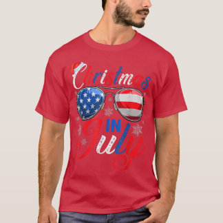 T-shirt Noël En Juillet Santa Hat US Drapeau Lunettes de s