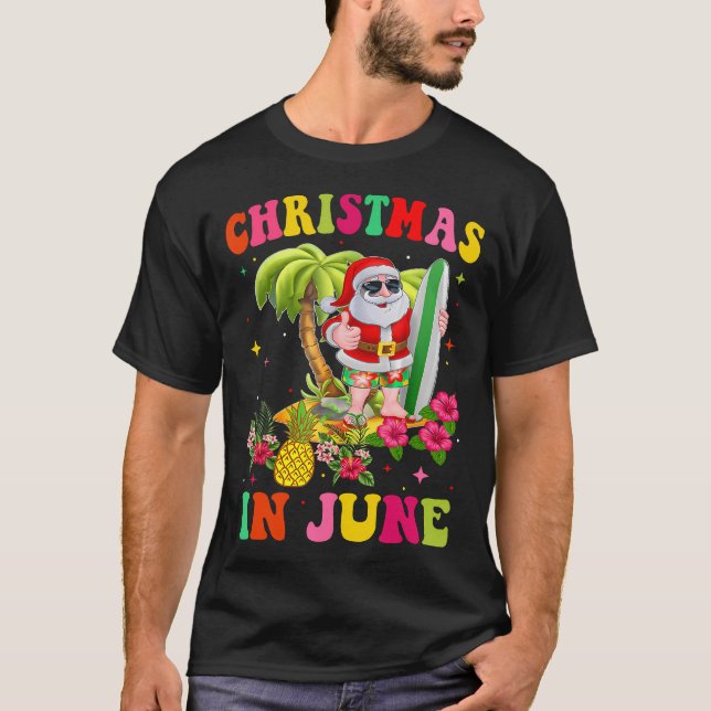 T-shirt Noël En Juin Drôle Père Noël Flamant rose Été Vaca (Devant)
