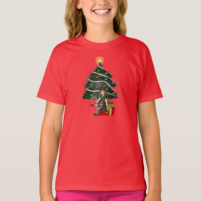 T-shirt Noël Fille Elfe Arbre Présente Enfants mignonne  (Devant)