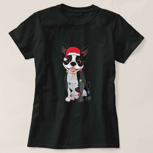 T-shirt Noël Funky Boston Terrier Lover Santa Hat Lig (Design devant)