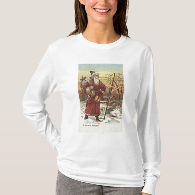 T-shirt Noël GreetingSanta avec le bâton de marche (Devant)