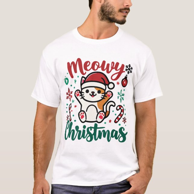 T-shirt Noël Meowy - Festive Festive Fête de Chat Holiday (Devant)