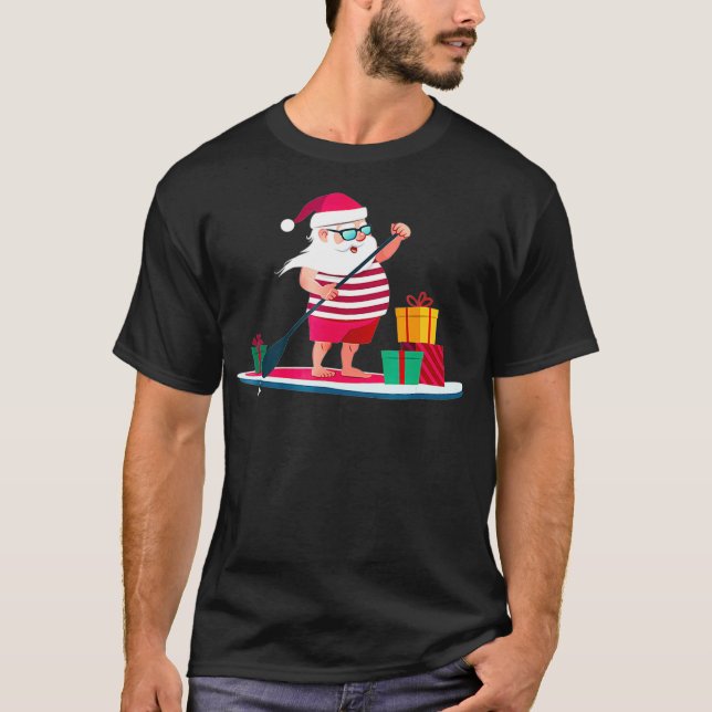 T-shirt Noël Paddleboard Père Noël en shorts de bain (Devant)