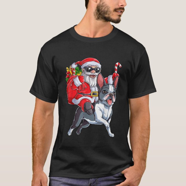 T-shirt Noël Père Noël équitation Boston Terrier Noël B (Devant)