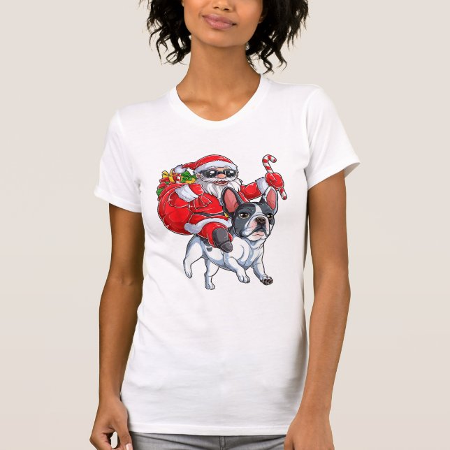 T-shirt Noël Père Noël équitation Français Chien-taureaux  (Devant)