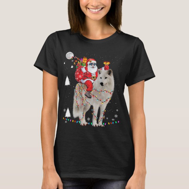 T-shirt Noël Père Noël équitation Samoyed Lumières Noël H (Devant)