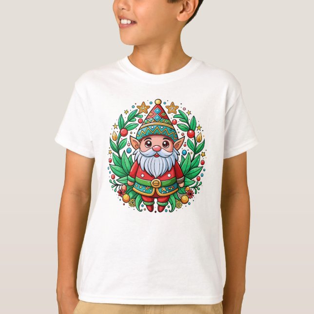 T-shirt Noël Père Noël Gnome avec couronne décorative (Devant)