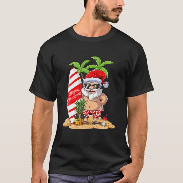 T-shirt Noël Père Noël Hawaiian Surfing T Surf d'été (Devant)