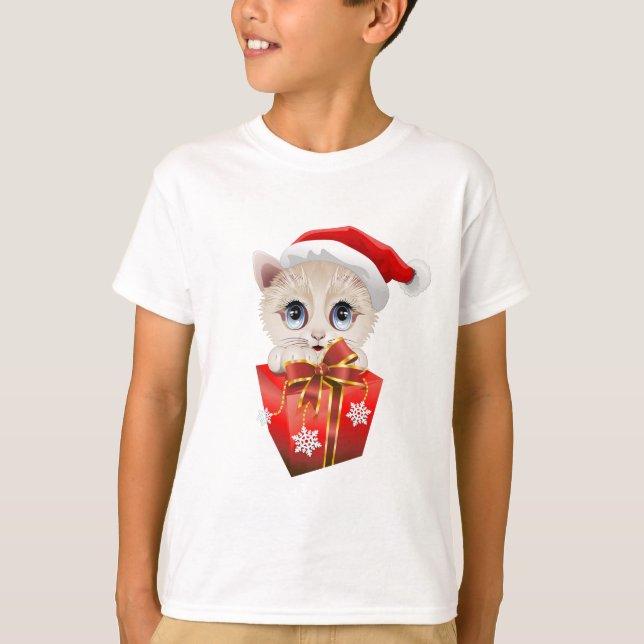 T-shirt Noël Père Noël Kitten avec cadeau (Devant)