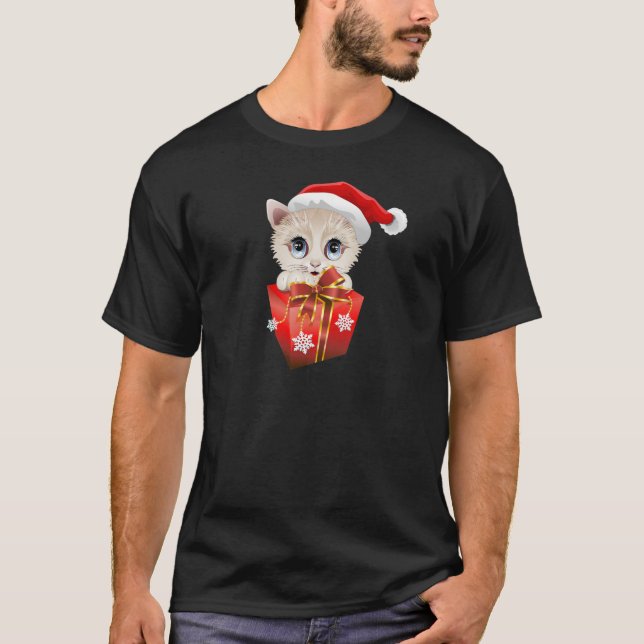 T-shirt Noël Père Noël Kitten avec cadeau (Devant)