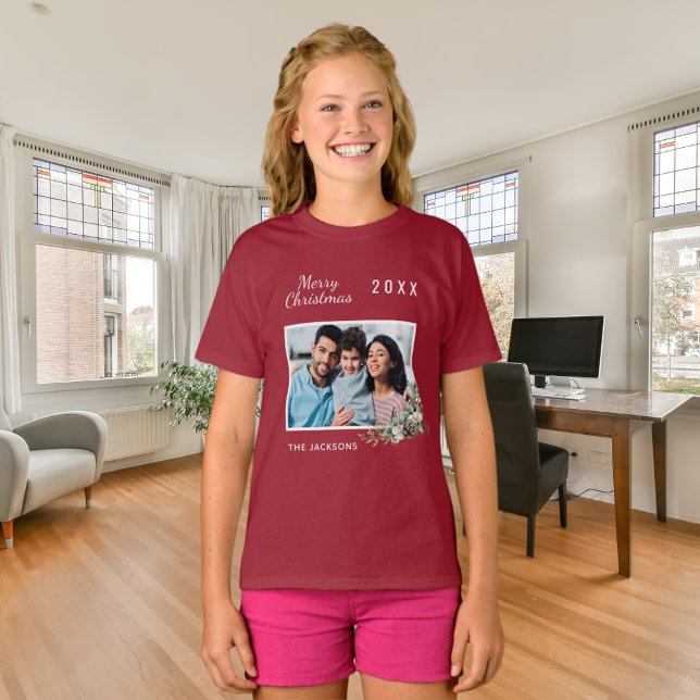 T-shirt Noël rouge famille photo conique nom pin fille (Créateur téléchargé)