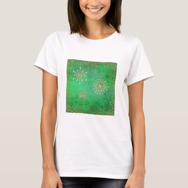 T-shirt Noël Snowflakes Parties scintillant verte et or (Devant)