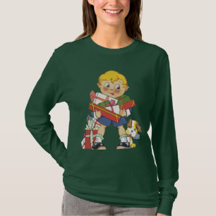 T-shirt Noël vintage, garçon avec cadeaux et chiot