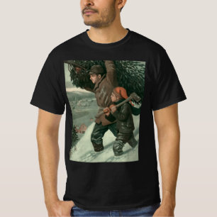 T-shirt Noël vintage, père et fils coupent un arbre