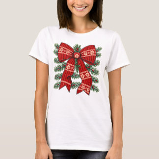 T-shirt Noeud de Noël Rouge Tricot Motif Flocon de Neige