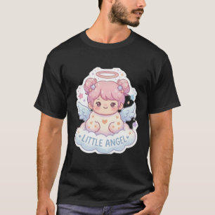 T-Shirt Noir au Style Chibi d'Ange Mignon Kawaii