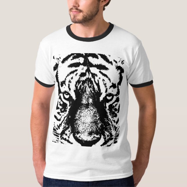 T-shirt Noir Blanc Tigre Visage Pop Art Mens Ringer modern (Devant)