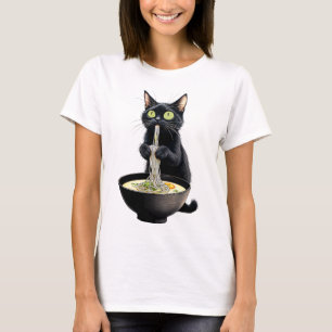 T-shirt Noir Chat Manger Ramen nouilles Japonais Nourritur