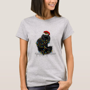 T-shirt Noir Chat Noël Arbre Lumières Déco Fantastique 