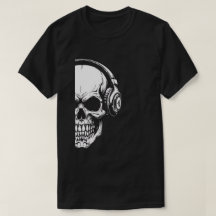 T-Shirt Noir Crâne en Niveaux de Gris avec Écouteu