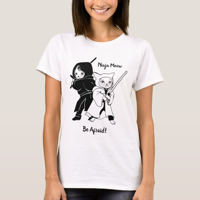T-Shirt Noir Et Blanc Ninja Cat (Devant)