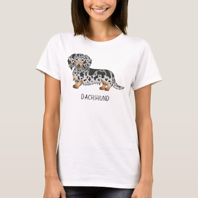 T-shirt Noir Et Tan Dapper Cheveux Long Dachshund & Texte (Devant)