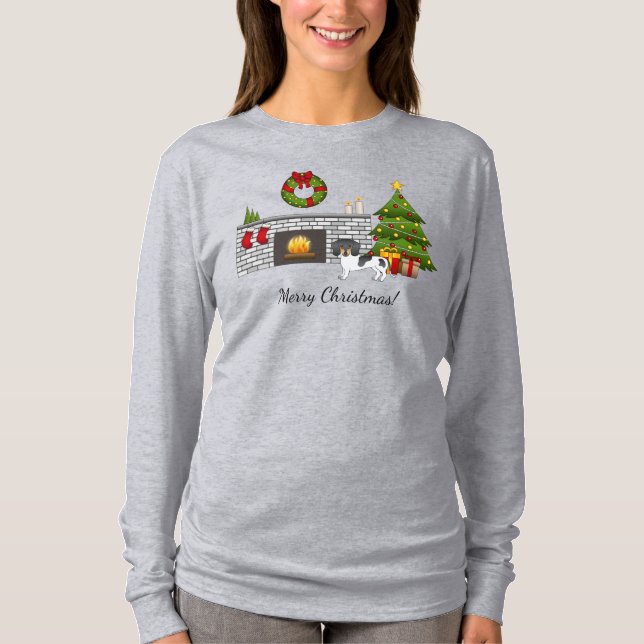 T-shirt Noir Et Tan Pied Cheveux Courte Dachshund Noël (Devant)