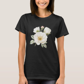 T-Shirt Noir Graphique Fleur de Rose Blanche