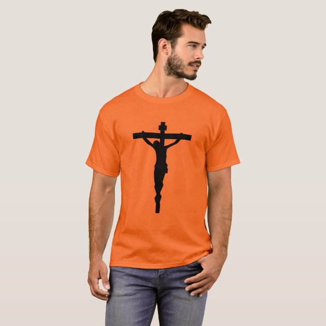 T-shirt noir Jésus catholique chrétien de crucifix (Devant entier)