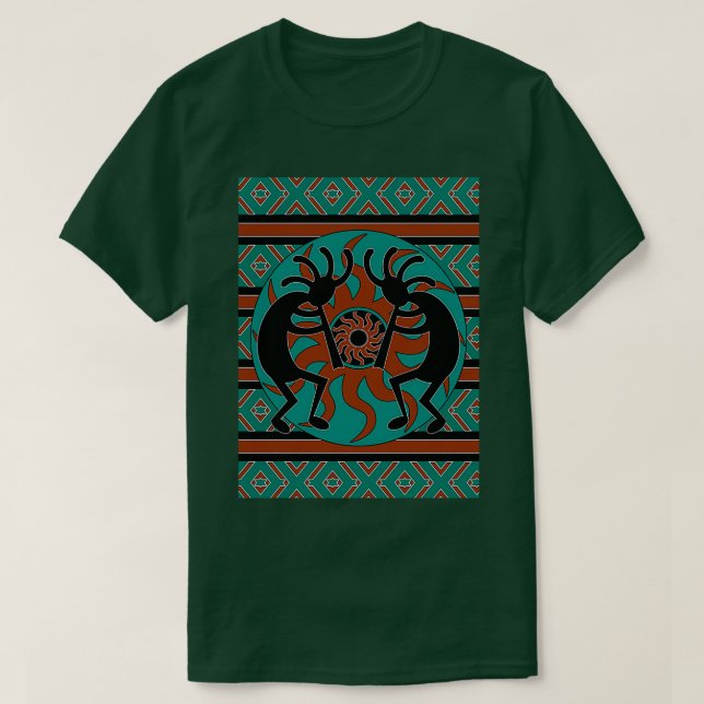 T-shirt Noir turquoise Et Brown Kokopelli Design Sud-Ouest (Design devant)