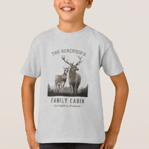 T-shirt Nom de famille Cabine Cerf Pine Tree Forest Grey