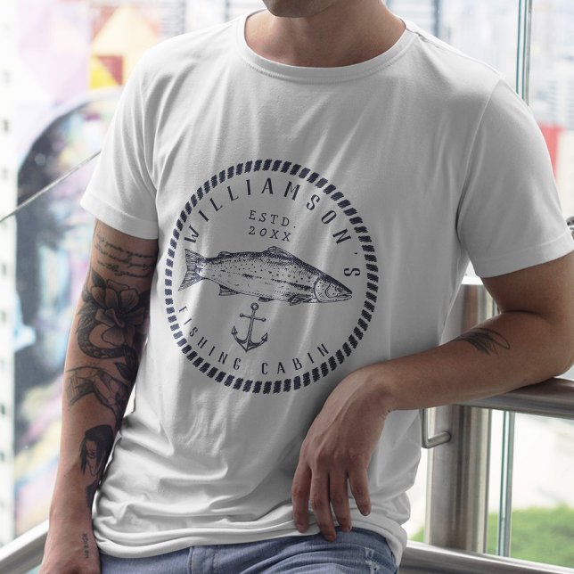 T-shirt Nom de famille du Cabine de pêche Marine bleu Rust (Créateur téléchargé)