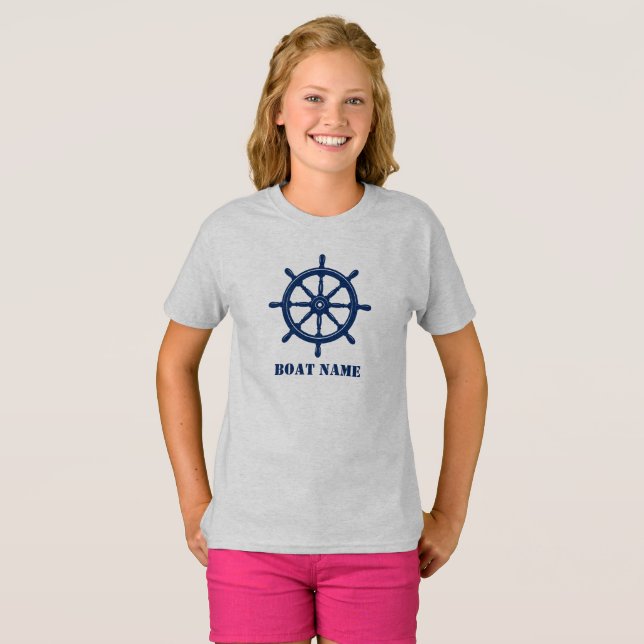 T-shirt Nom du bateau ou votre nom Navire Helm Wheel Navy  (Devant entier)