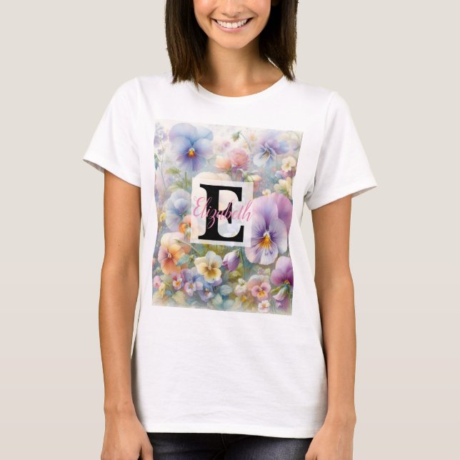 T-shirt Nom du monogramme sur l'aquarelle Fleurs dans les  (Devant)