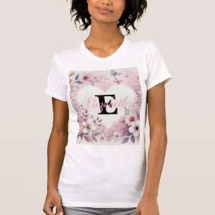 T-shirt Nom monogramme coeur floral amoureux aquarelle
