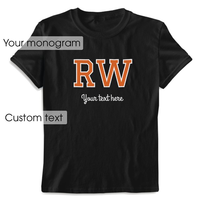 T-shirt Nom monographique personnalisé Texte orange noir (Créateur téléchargé)