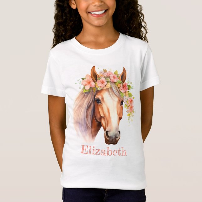 T-Shirt Nom personnalisé Aquarelle Floral Horse Girl T-shi (Devant)